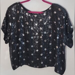 J.L.B Vintage Silk Sequin Black Boxy Top